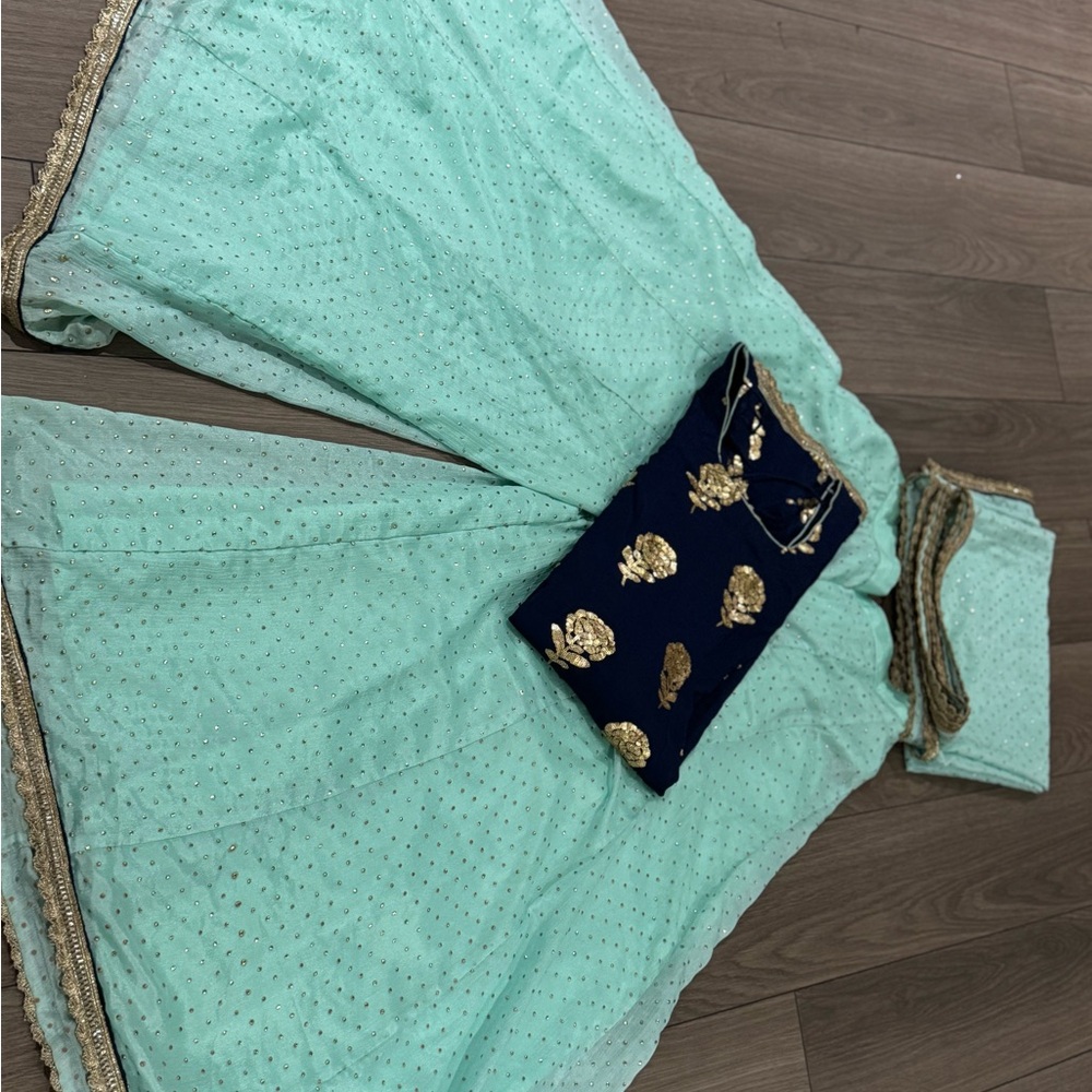 Elegant Mint Green sharara suit  with Navy Blue long kameez